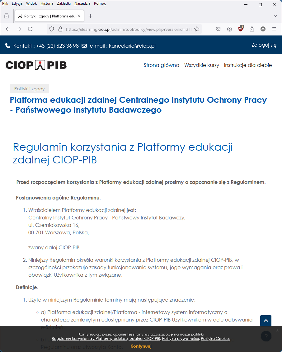 Przykład zrzutu ekranowego prezentującego regulamin Platformy edukacyjnej CIOP-PIB