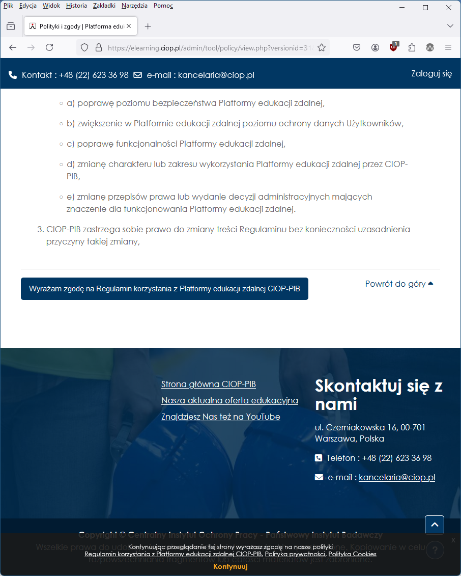 Przykład zrzutu ekranowego prezentującego przycisk nawigacyjny, akceptacji regulaminu