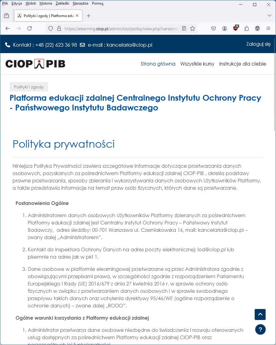 Przykład ekranu z prezentacją polityki prywatności