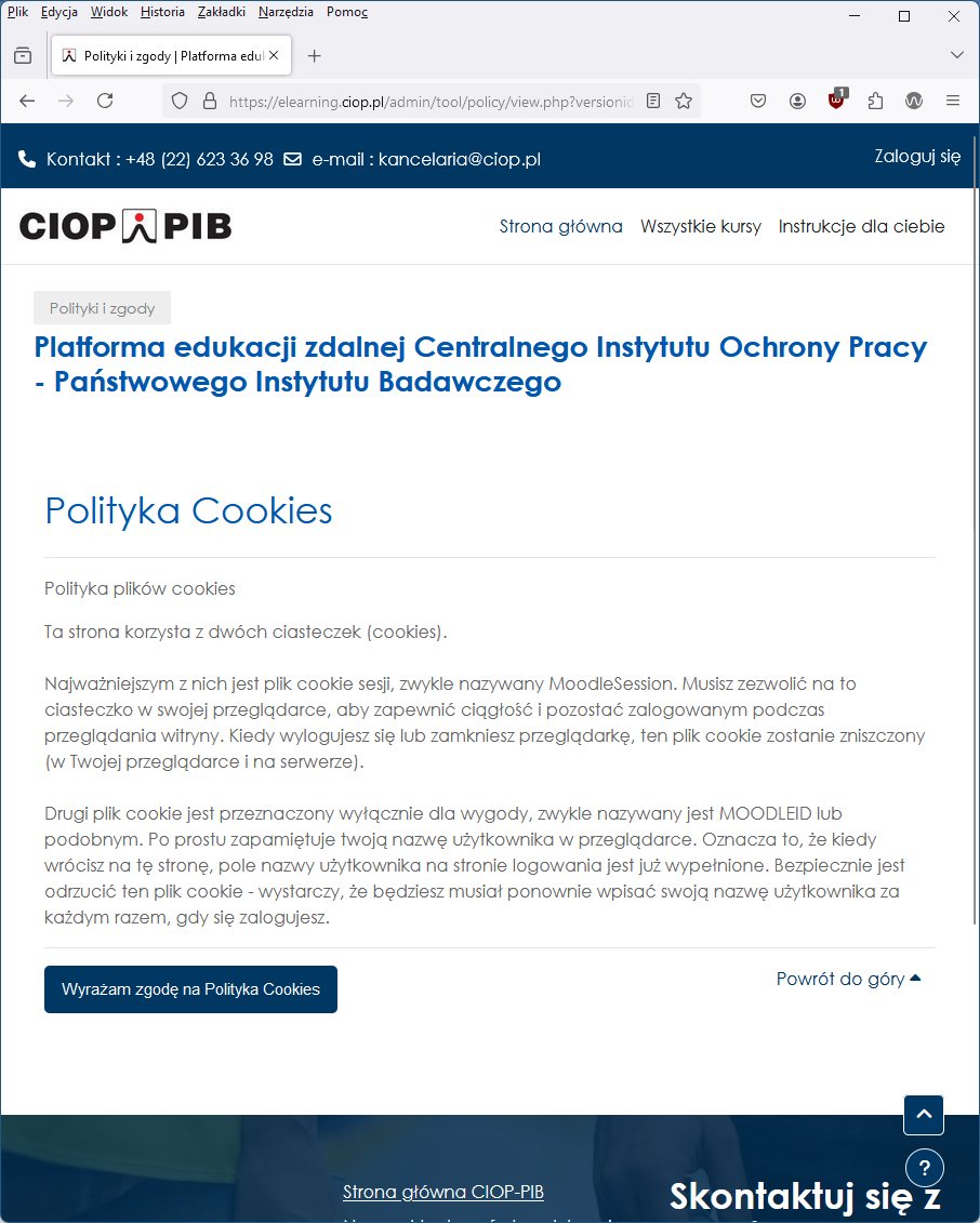 Przykład ekranu prezentującego akceptację polityki Cookies
